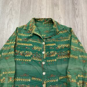Vintage Green Striped Floral Button-Up Blouse